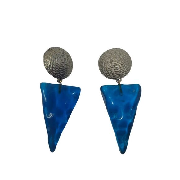 Large Vintage Metal & Transparent Blue Acrylic Dangle Clip-On Earrings | 3.12" | - Picture 3 of 7